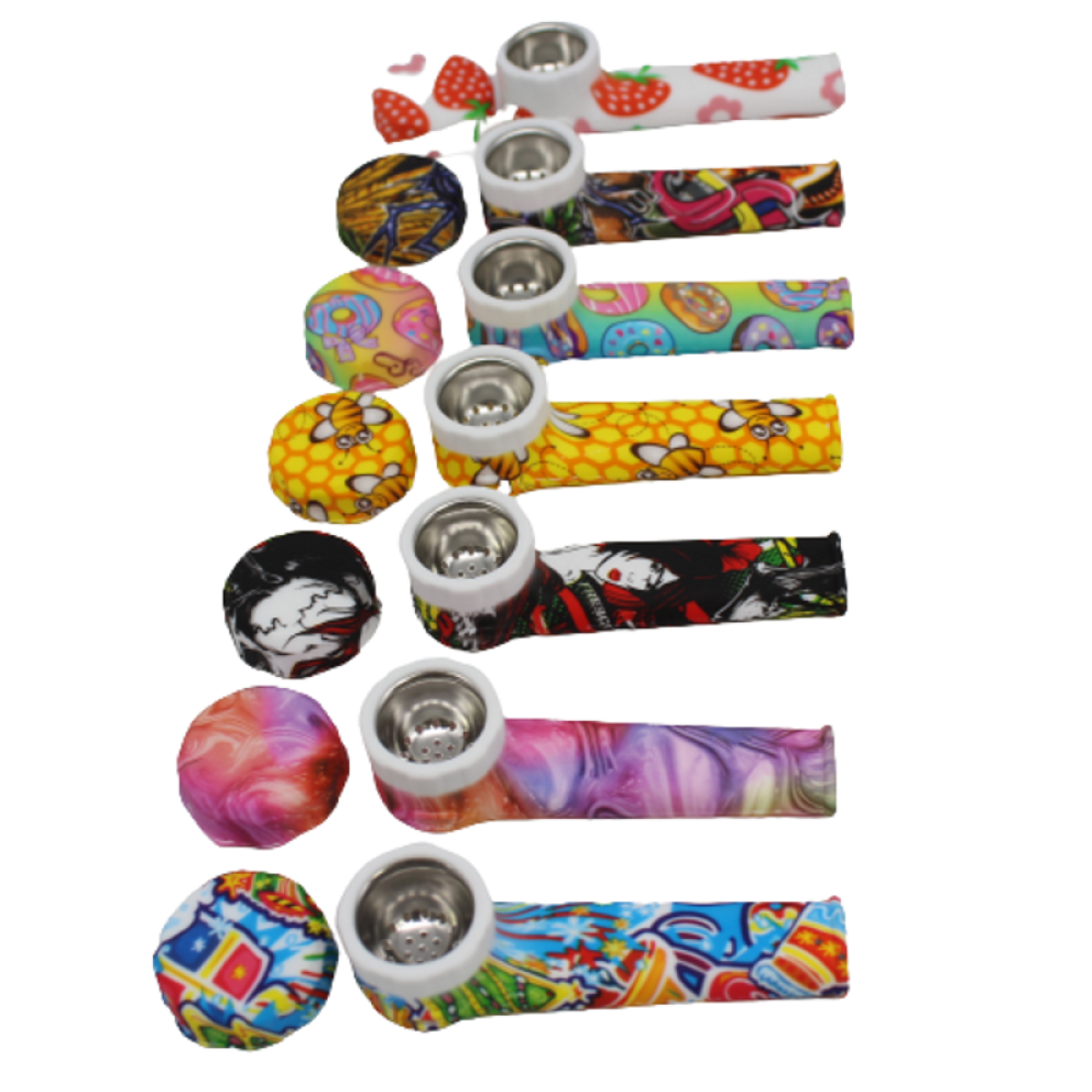 Silicone fancy designed hand pipe with metal bowl and lid, durable heat-resistant shockproof design with portable compact smoking accessory and secure cover.