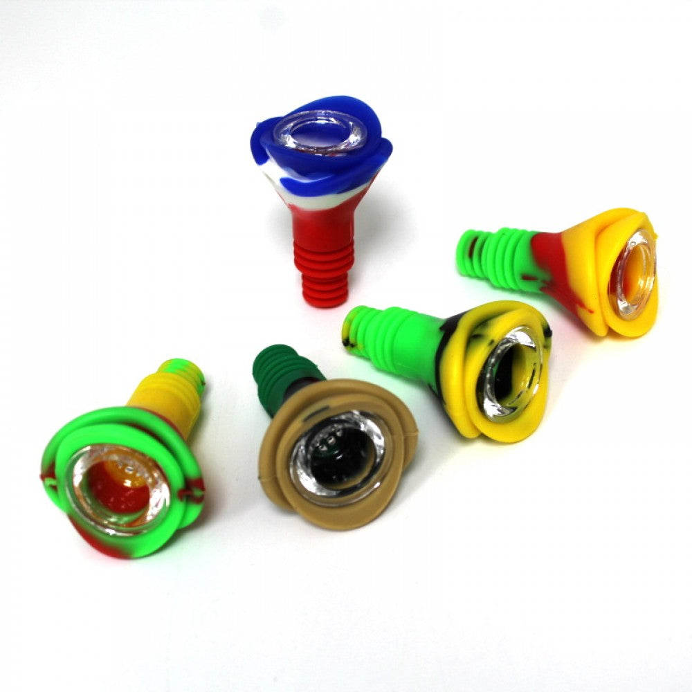 Silicone multi color flower shape bowl compatible with 14MM and 18MM male joints made from durable heat resistant material.