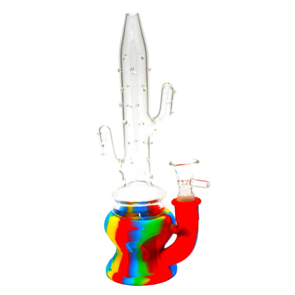 9-inch cactus design silicone water pipe with glass chamber and glass bowl, durable and easy to clean.