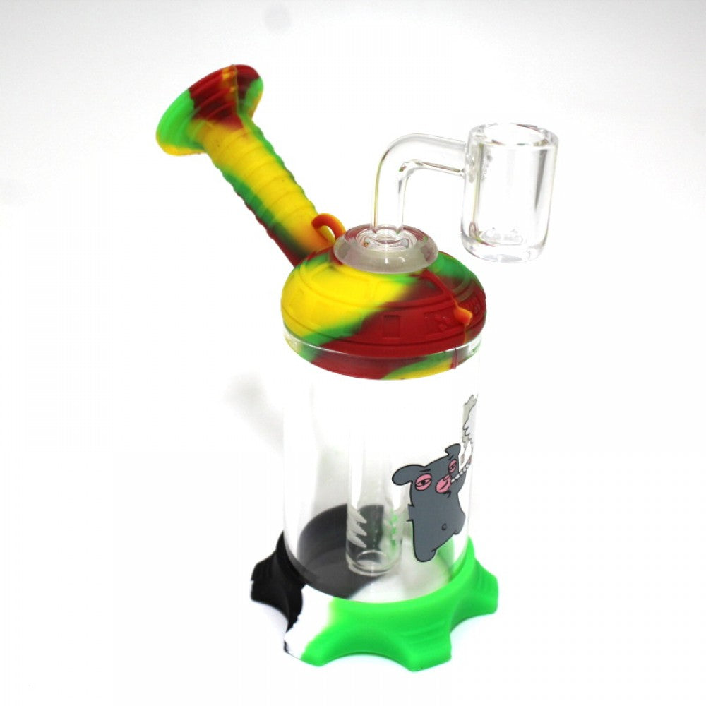 Silicone and glass dab rig water pipe with 14mm male banger, hybrid silicone-glass construction for durability, heat resistance, and smooth vapor airflow.