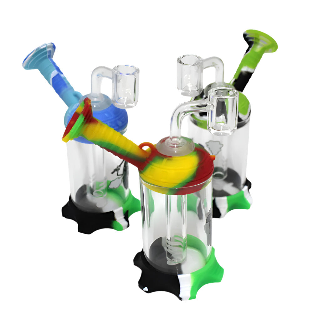 Silicone and glass dab rig water pipe with 14mm male banger, hybrid design combining durable silicone body with glass chamber for smooth concentrate use and easy handling.
