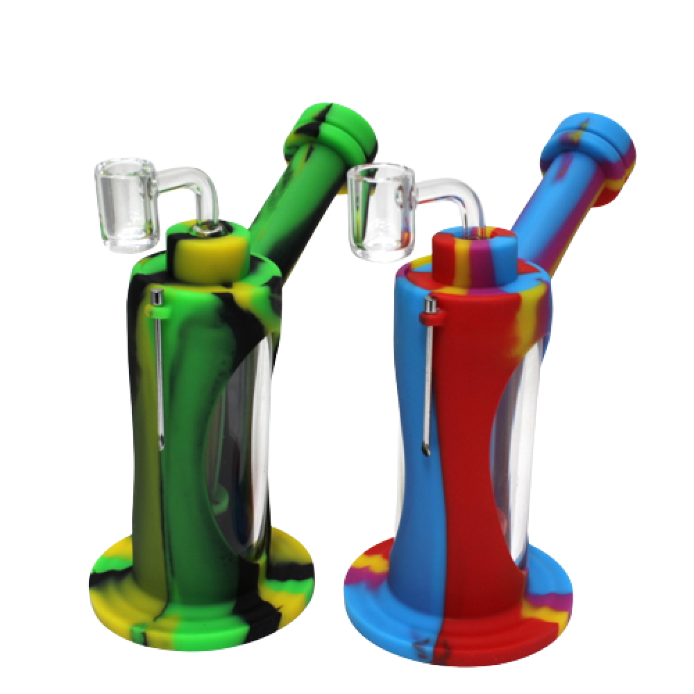 Silicone and glass multi-color dab rig featuring durable silicone body, glass chamber, and a 14mm banger for smooth vaporization and efficient airflow.