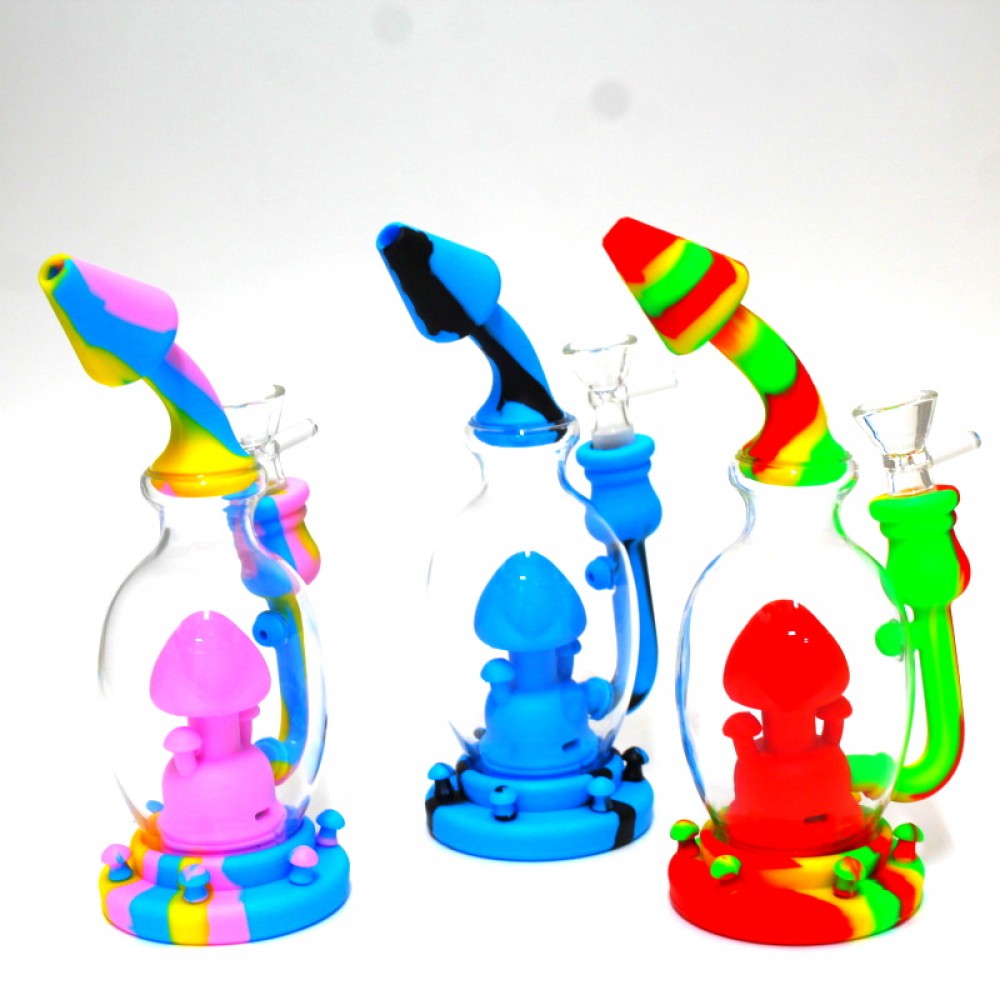 Silicone with Glass Mushroom Perk Water Pipe featuring a durable silicone body, built-in mushroom percolator, and 14mm handled glass bowl.