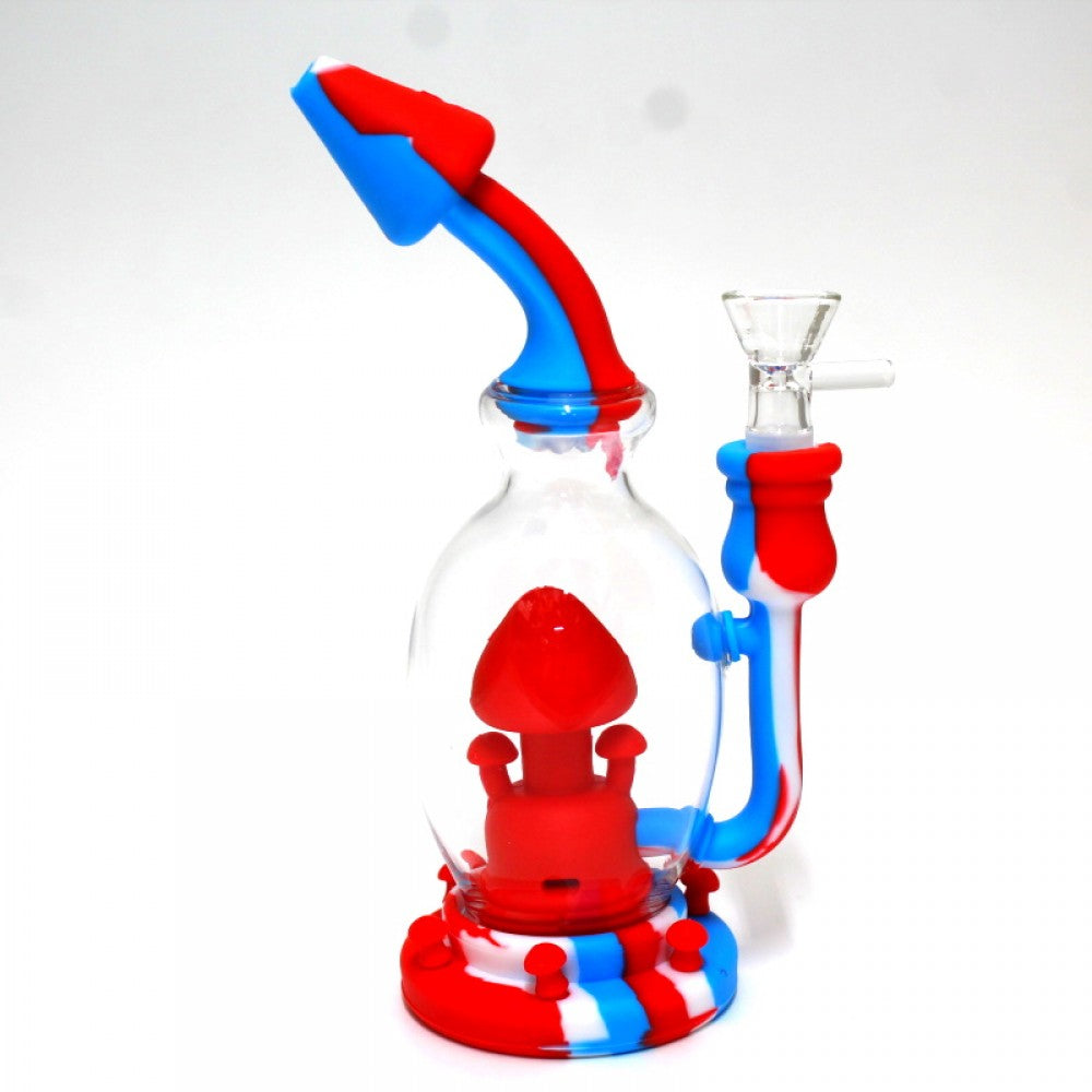 Silicone and glass mushroom percolator water pipe with a 14mm handle bowl, designed for durability, smooth filtration, and enhanced smoking performance.