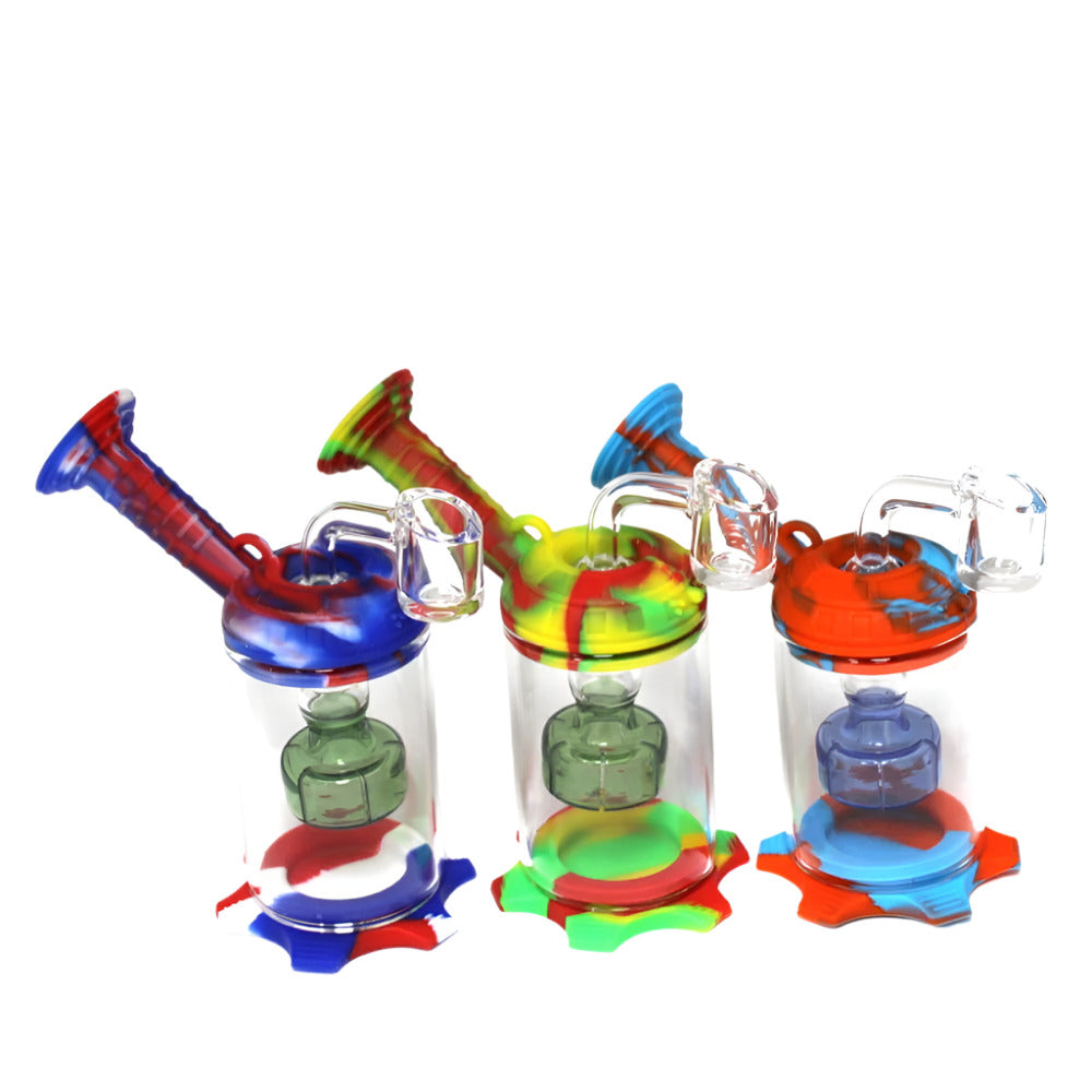 Silicone dab rig water pipe with glass side arm and 14MM male banger, durable heat-resistant design for smooth concentrate use and easy cleaning.
