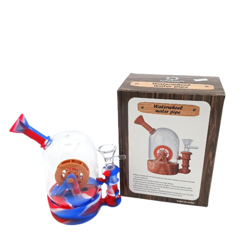 Silicone and glass hybrid water pipe with water wheel feature, built for smooth filtration, durable performance, and easy maintenance with a unique modern design.