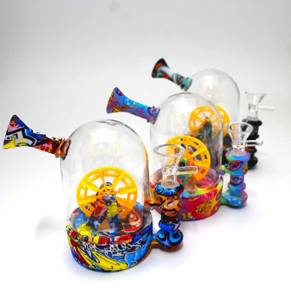 Silicone and glass water wheel water pipe featuring a unique spinning water wheel design, durable hybrid construction, and smooth water filtration for enhanced airflow and cooling.