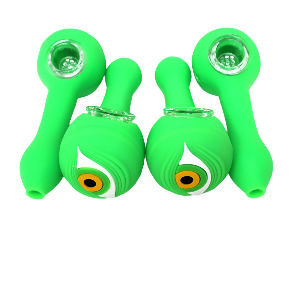 Silicone green color hand pipe with glass bowl, durable heat-resistant shockproof design with smooth airflow and compact portable smoking pipe.