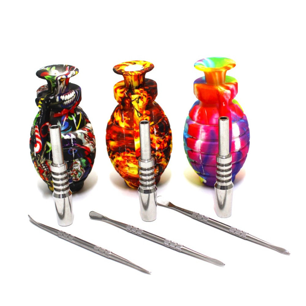 Silicone grenade nectar collector with 14mm joint, durable heat-resistant design for portable and smooth dabbing performance.