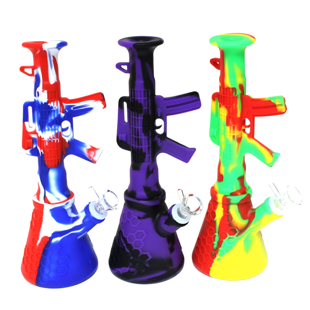 Silicone gun shape multi color water pipe with 14mm male bowl, durable heat-resistant design featuring a unique gun-inspired shape and smooth airflow for easy smoking use.