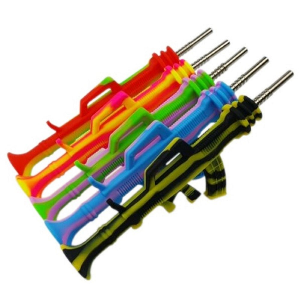 Silicone gun shape nectar collector kit with durable 10mm titanium nail and heat-resistant silicone body.