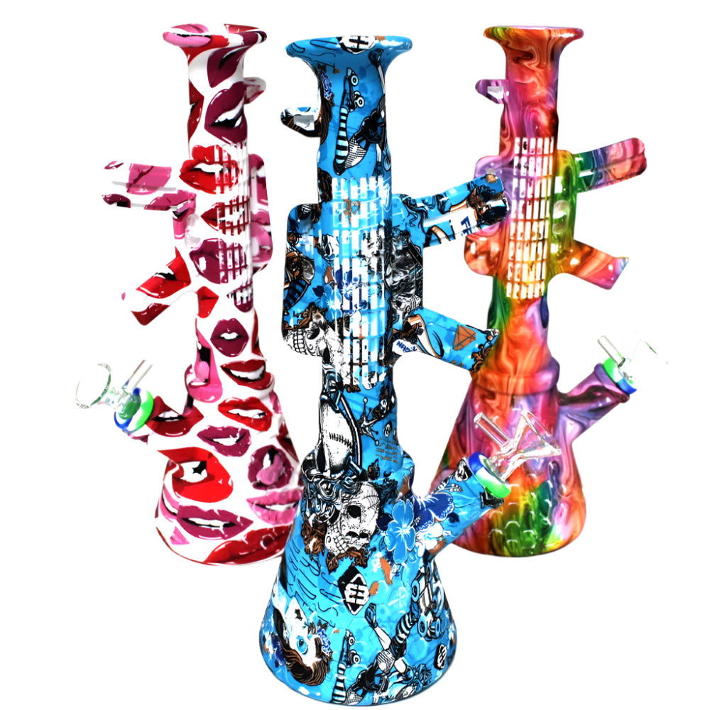 Silicone gun-shaped multi-color water pipe with 14mm bowl, durable heat-resistant silicone body and break-resistant design for smooth and portable use.