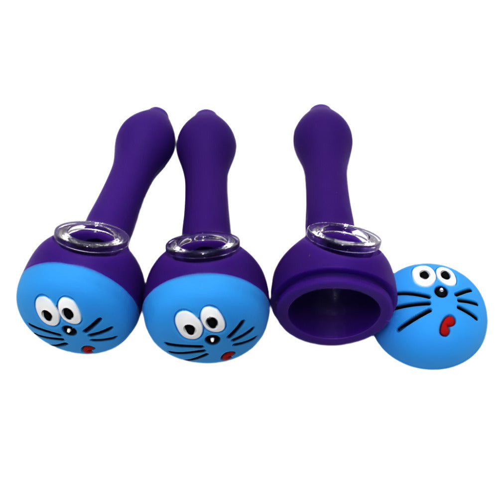 Silicone hand pipe in blue and purple color with glass bowl, durable heat-resistant shockproof design offering smooth airflow and portable use.