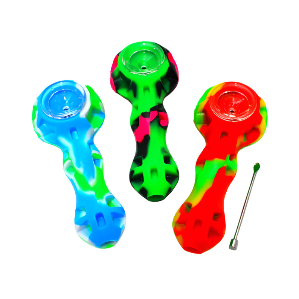 Silicone hand pipe with metal tool featuring durable heat-resistant silicone body, compact portable design, and easy-to-clean construction.