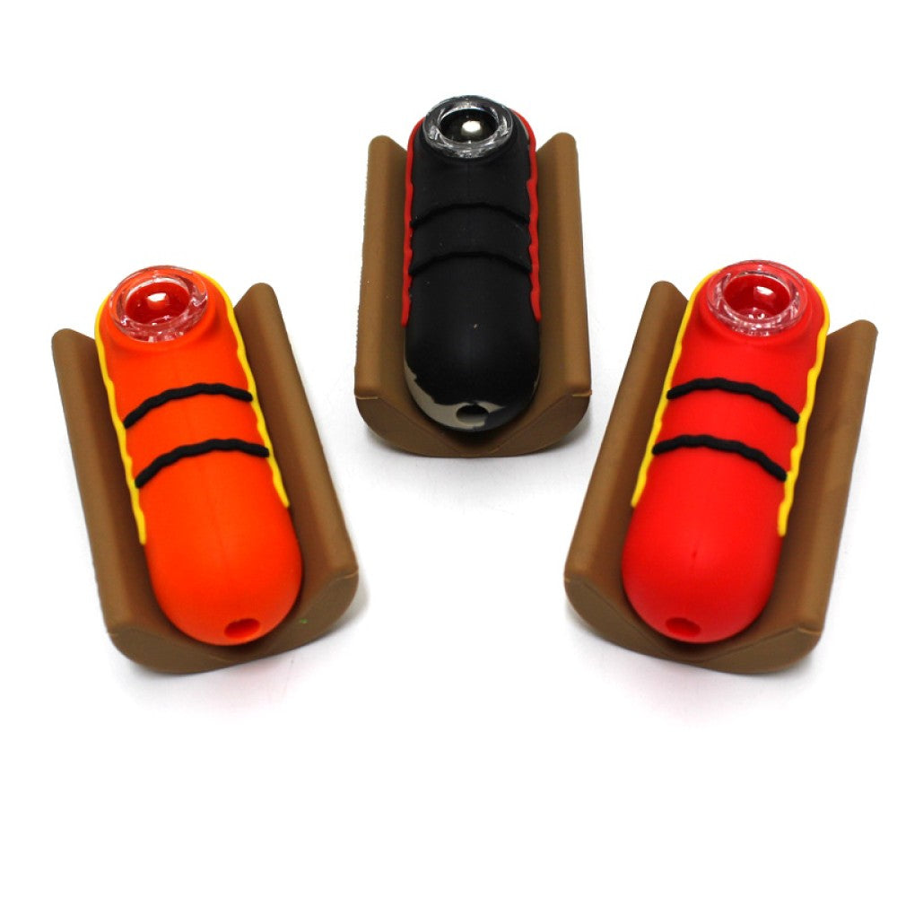 Silicone hot dog design hand pipe with stand, durable heat-resistant shockproof silicone pipe with creative design and compact portable smoking accessory.