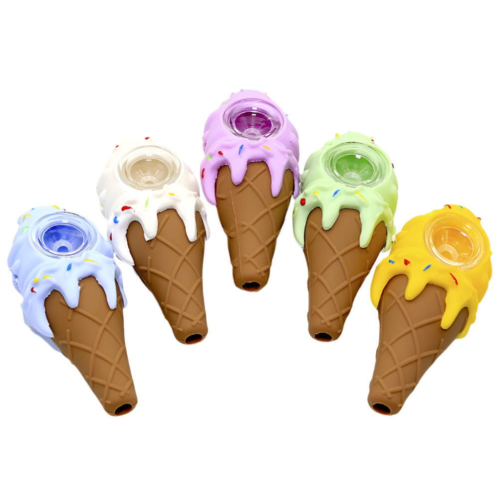 Silicone ice cream shape 2-part hand pipe with glass bowl, featuring durable heat-resistant body, detachable structure, and easy-to-clean design.