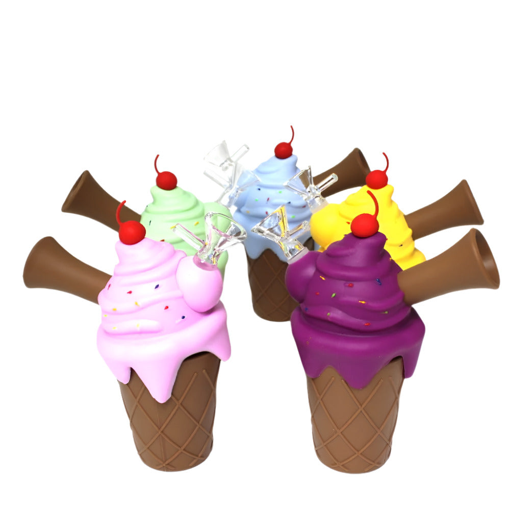 Silicone Ice Cream Water Pipe in multi-color design with 14MM bowl, made from durable silicone material, compact, flexible, and easy to use water pipe.