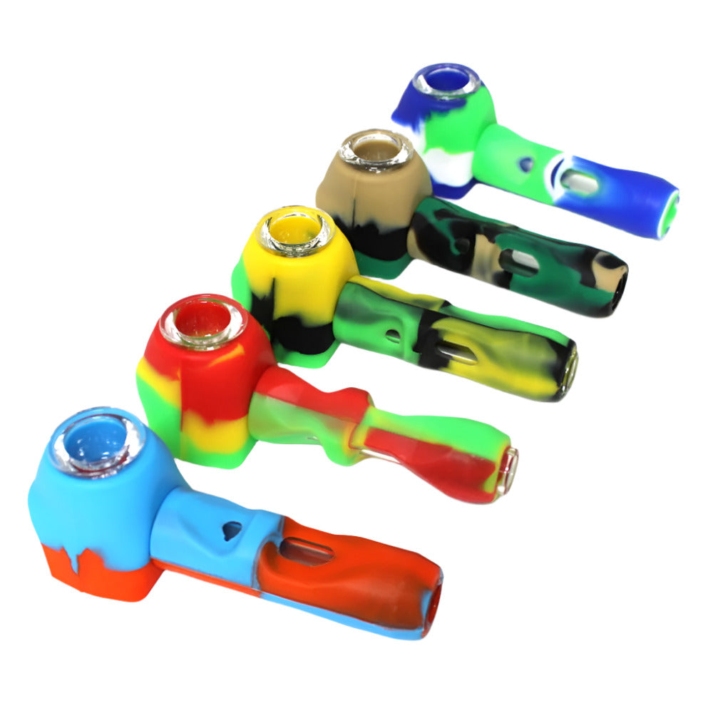 Silicone hand pipe with inner glass tube and glass bowl, featuring durable heat-resistant silicone body, removable parts, and easy-to-clean design.