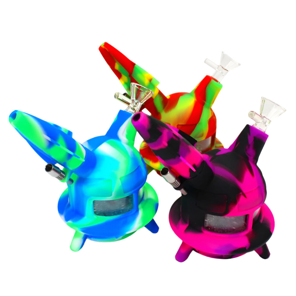 Silicone LED Rocket Design Dab Rig Water Pipe featuring durable heat-resistant silicone body, LED lights, and a 14mm male glass bowl.