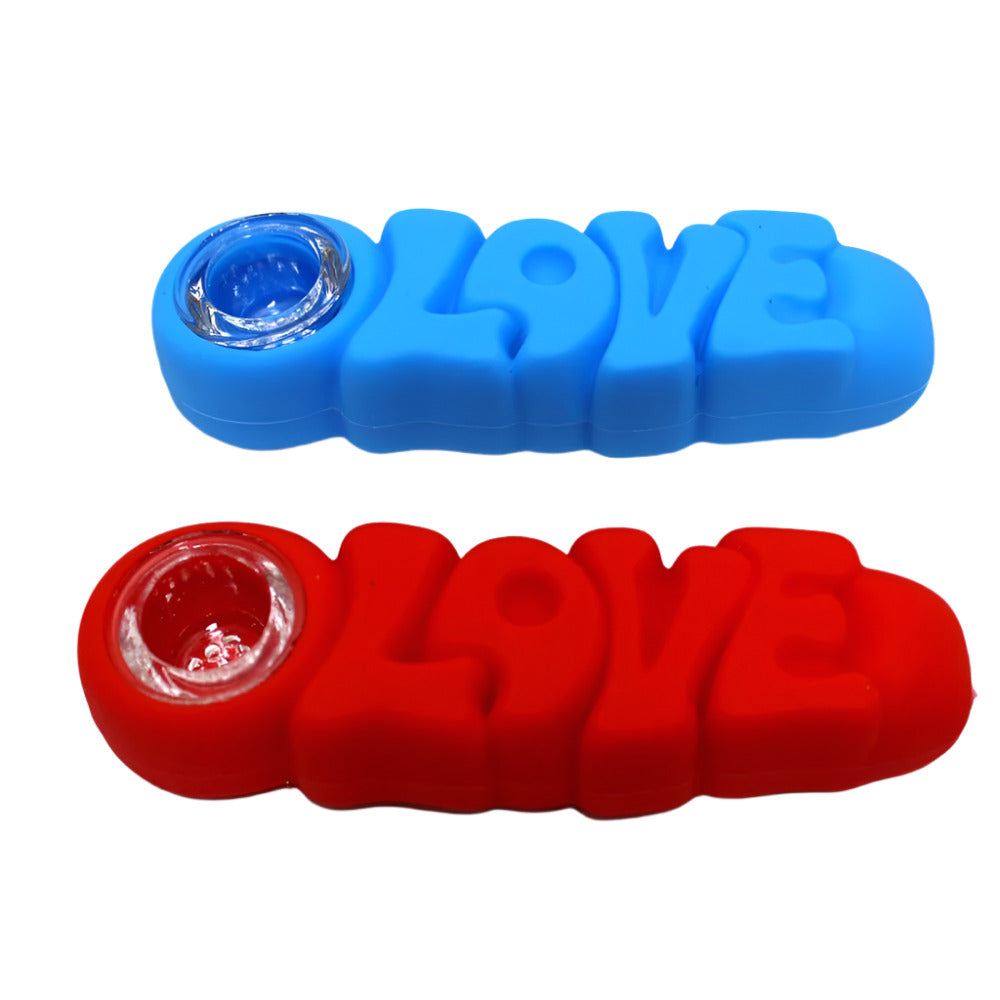 Silicone assorted color love hand pipe with glass bowl, durable heat-resistant design featuring a love-themed shape and removable glass bowl for smooth smoking.