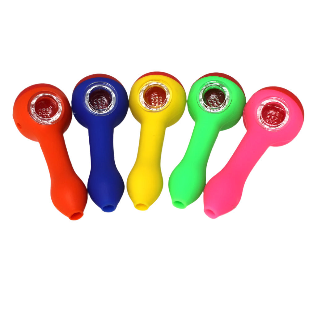 Silicone mixed color hand pipe with glass bowl, durable heat-resistant shockproof design with smooth airflow and compact portable smoking accessory.