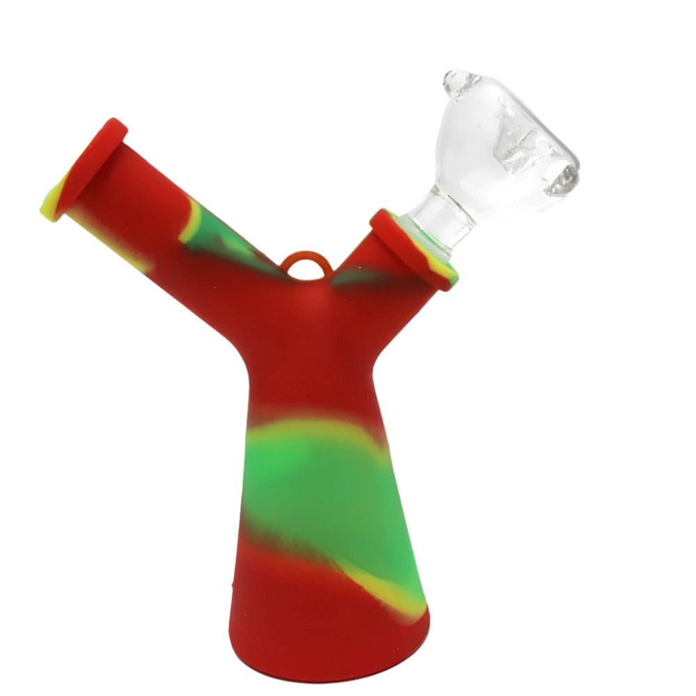 Multi-color silicone dab rig with 14mm banger, featuring a durable flexible body, glass chamber, and smooth water filtration for clean and efficient vapor performance.