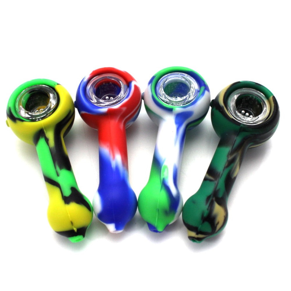 Silicone multi-color hand pipe with glass bowl, durable heat-resistant shockproof design featuring smooth airflow and portable functionality.