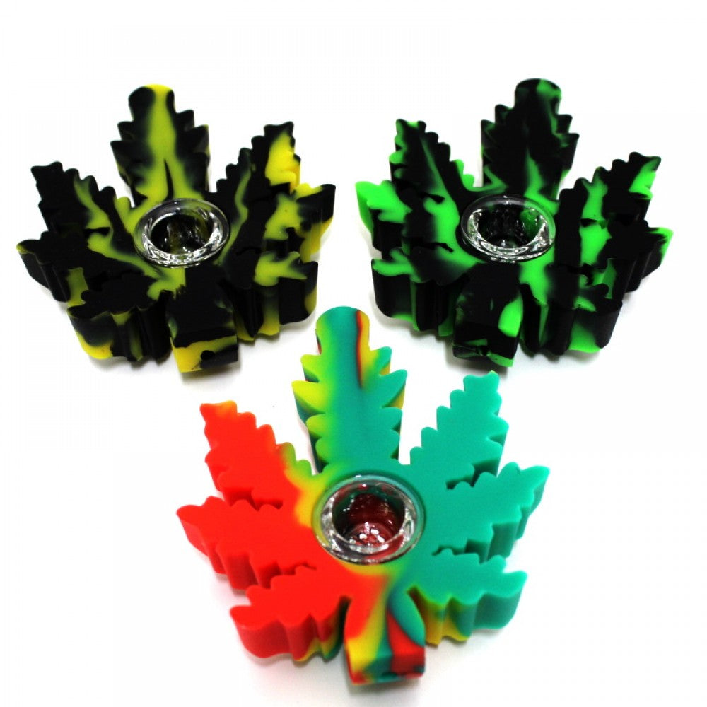 Silicone multi-color leaf shape hand pipe with glass bowl, durable heat-resistant shockproof design with smooth airflow and portable smoking pipe.