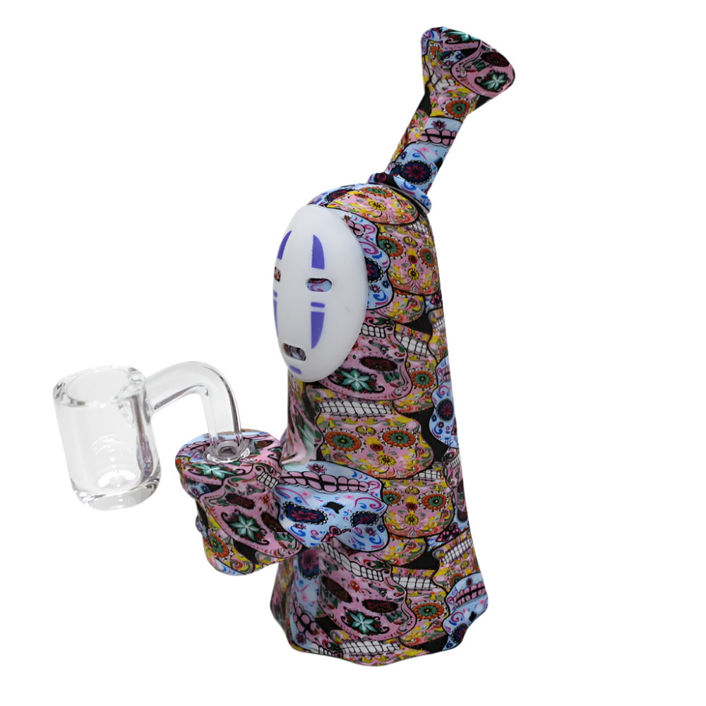Multi-color printed silicone dab rig water pipe with 14mm male banger, durable and flexible design ideal for concentrate use and easy handling.