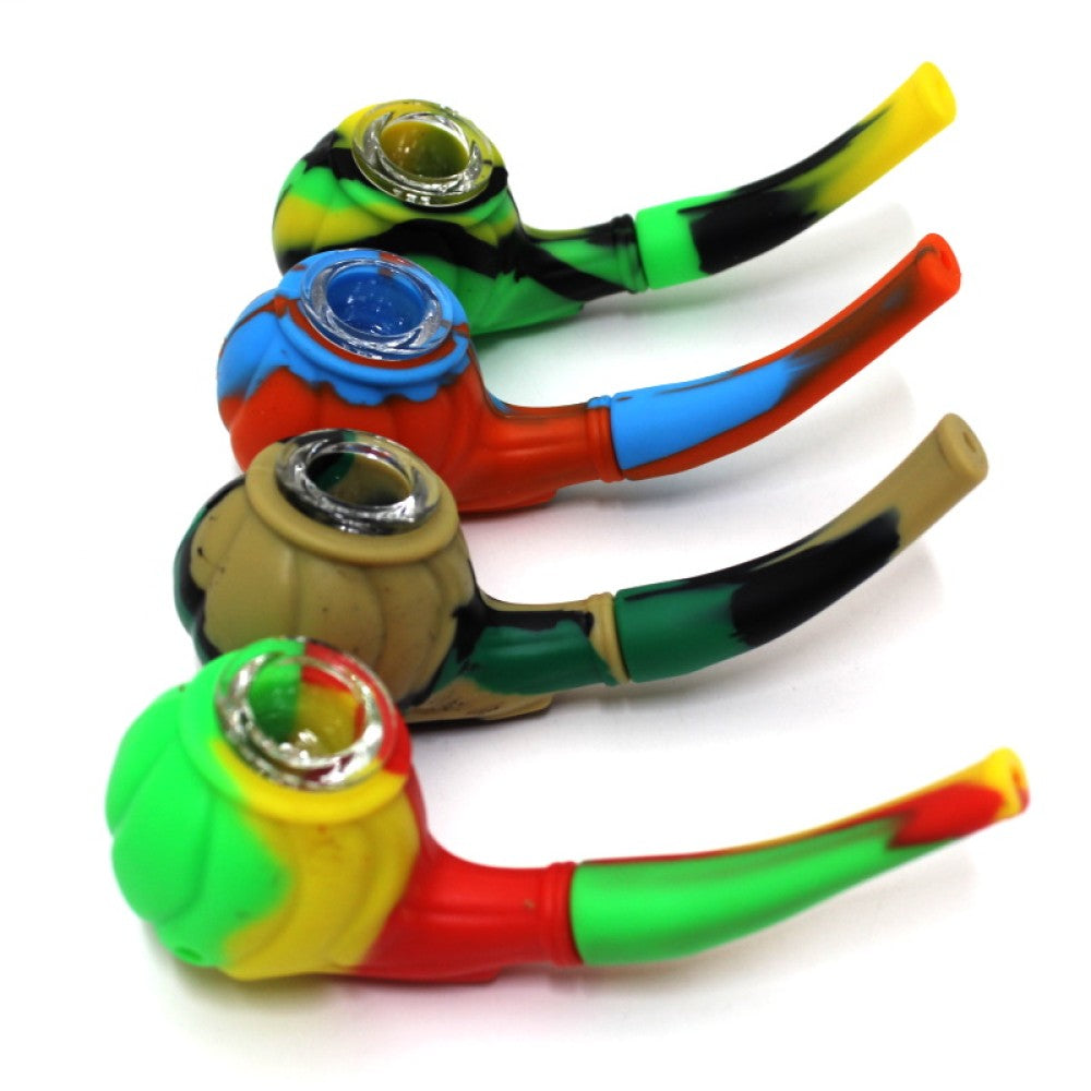 Silicone multi-color Sherlock-style hand pipe with glass bowl, featuring durable heat-resistant silicone body and removable easy-to-clean components.