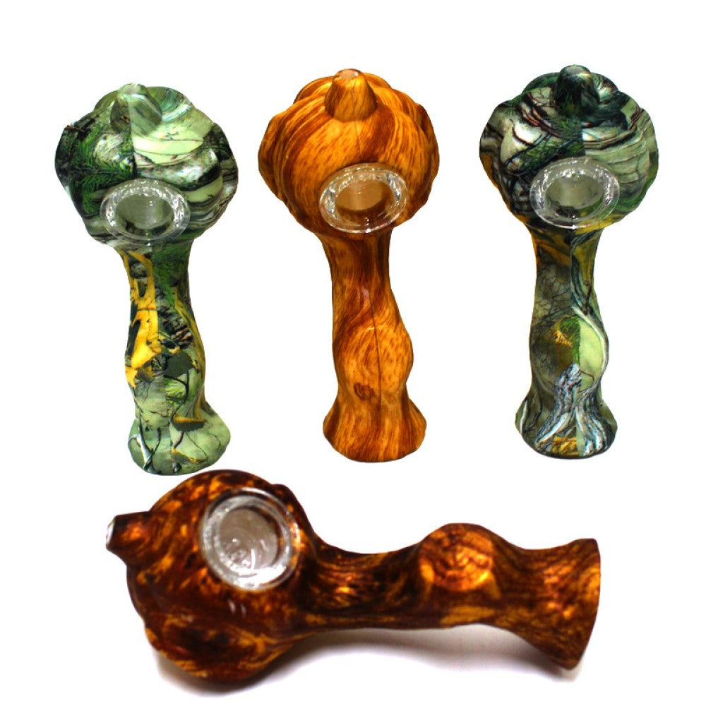 Silicone print color pumpkin hand pipe with glass bowl, durable heat-resistant silicone body with removable glass bowl for smooth and portable use.