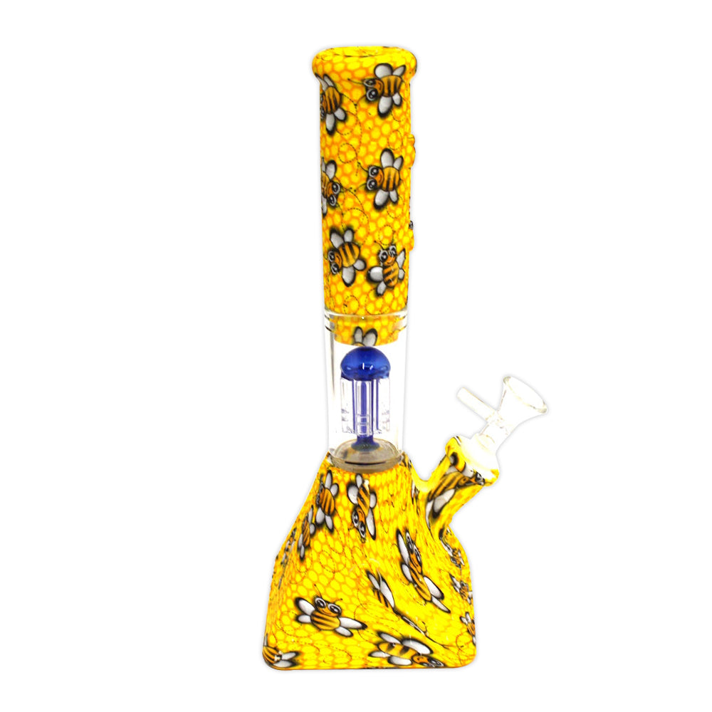 Silicone printed bee square base glass percolator beaker, durable heat-resistant design with glass percolator for smooth and clean smoking experience.