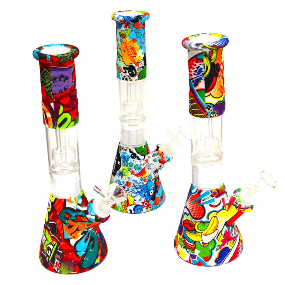 Silicone printed color beaker water pipe with glass percolator, durable heat-resistant silicone body combined with glass percolator for enhanced filtration and smooth smoking experience.