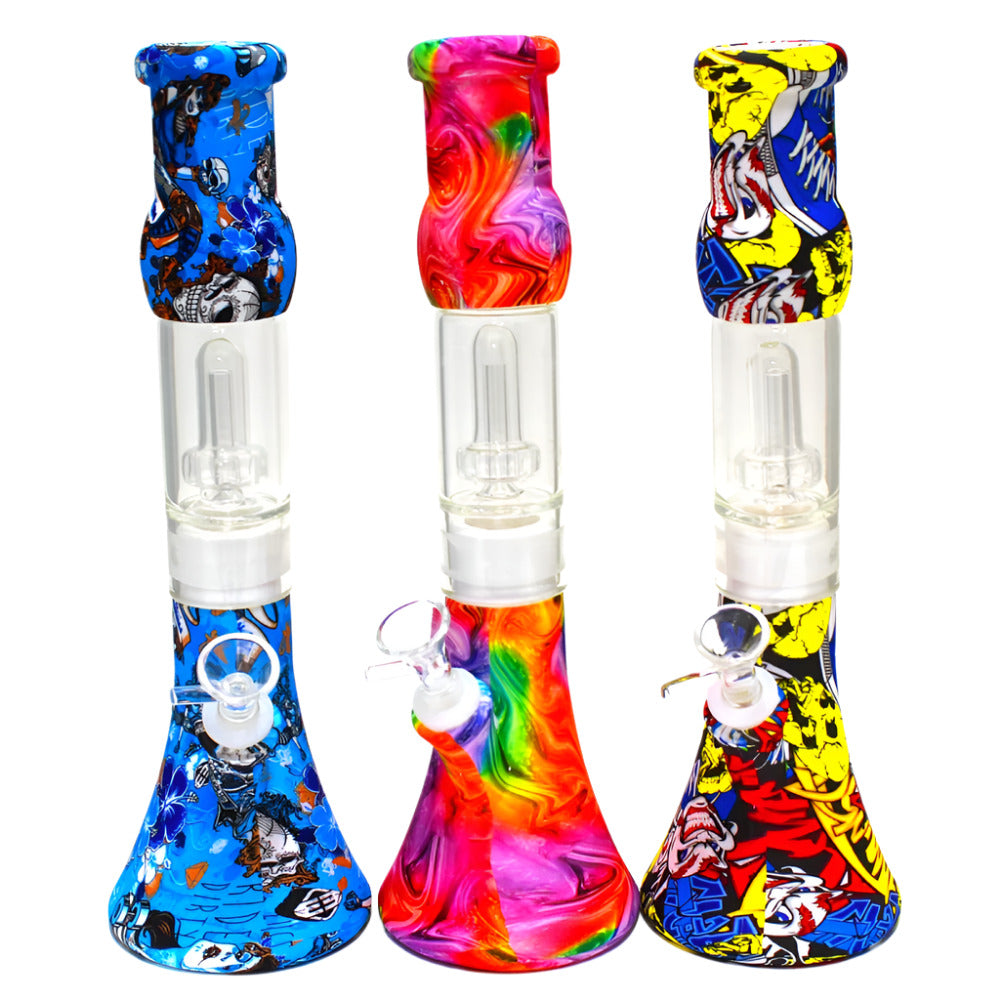 Silicone printed color beaker water pipe with glass percolator, durable heat-resistant silicone body and stable beaker base for smooth water filtration.