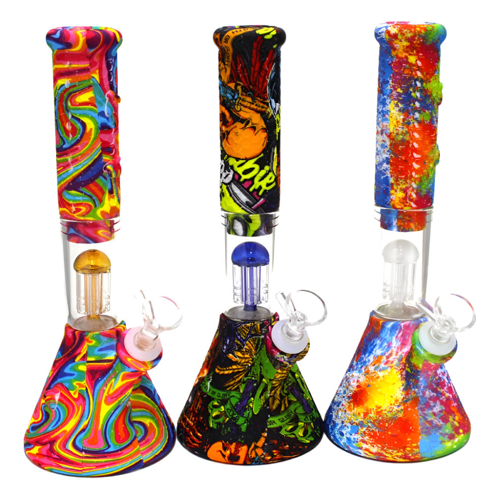 Silicone printed color bee beaker water pipe with glass percolator, durable heat-resistant silicone body featuring bee design and glass percolator for smooth and filtered smoking experience.