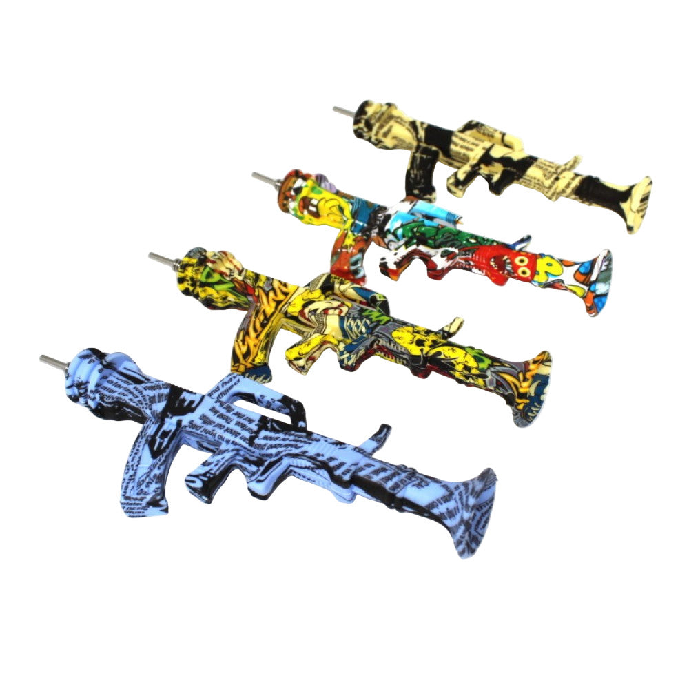 Silicone Printed Color Gun Shape Nectar Kit 10MM with Durable Silicone Body and Glass Nectar Tip