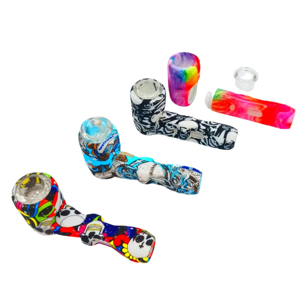 Silicone printed color hand pipe with inner glass tube and glass bowl, designed for durability, heat resistance, and smooth airflow with easy cleaning and stylish finish.