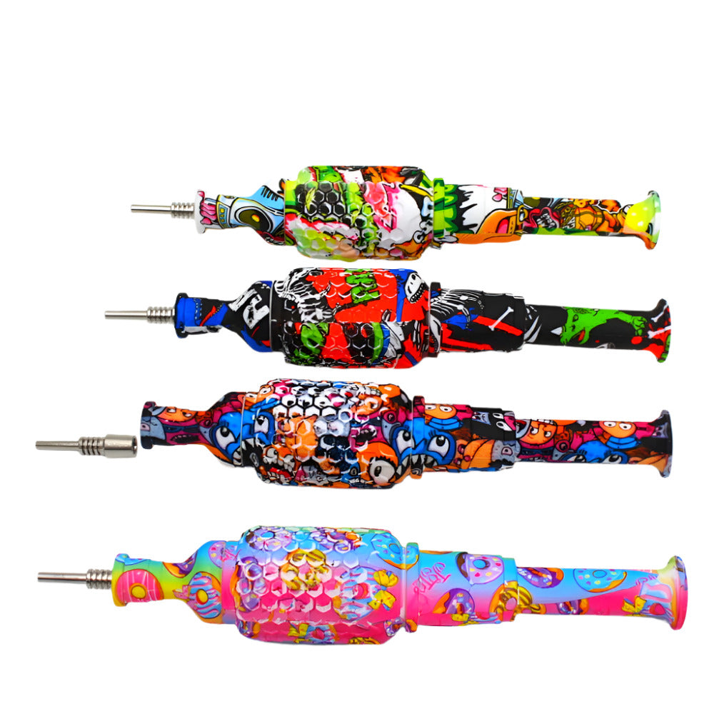 Silicone Printed Color Straw Kit 10mm with durable silicone body and reusable glass straw designed for portable use and smooth filtration