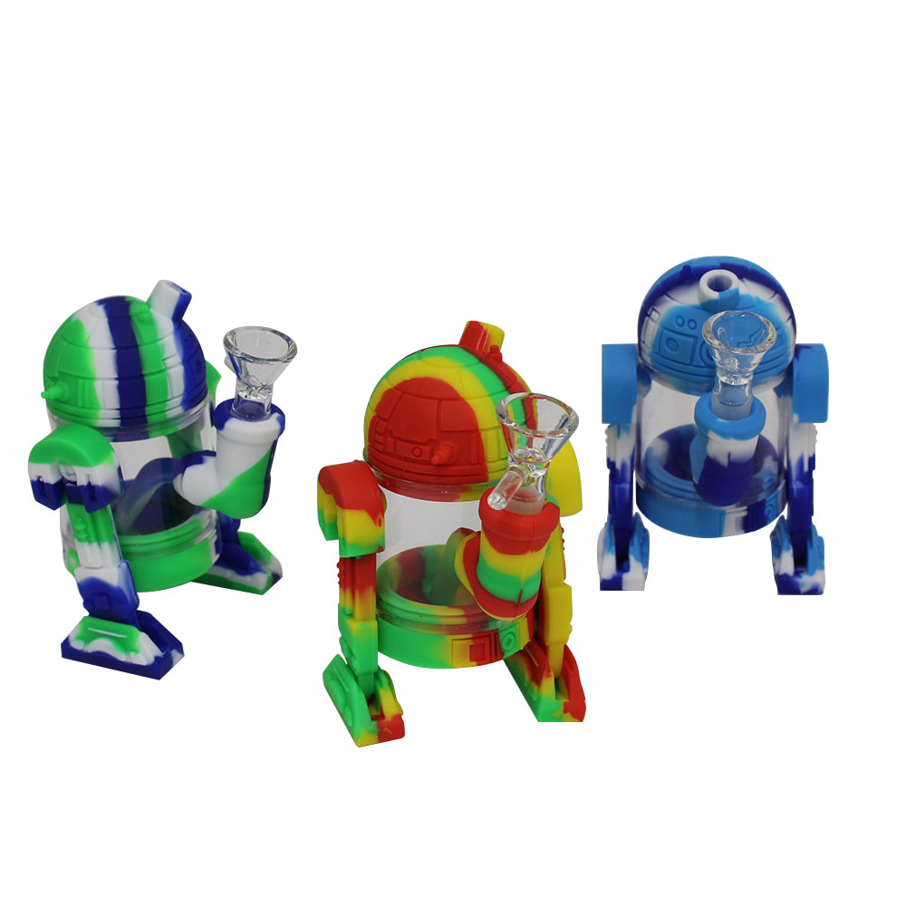 Silicone robot multicolor water pipe, durable heat-resistant silicone design with water filtration system for smooth and portable smoking experience.