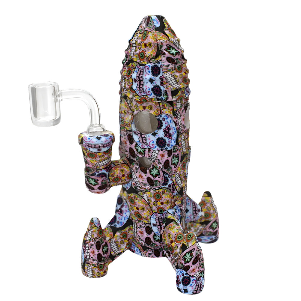 Silicone rocket style water pipe with LED light and printed color design, durable flexible body with smooth airflow and modern illuminated smoking look.