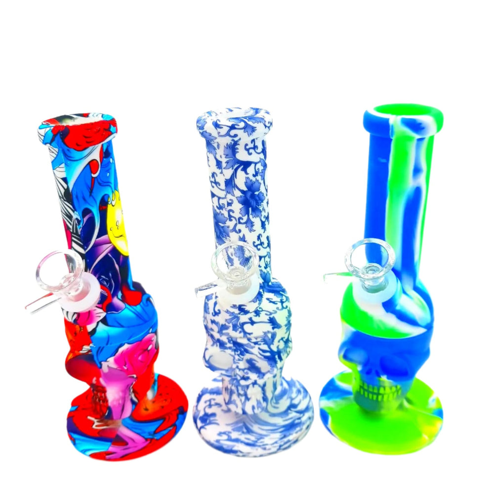 Silicone skull design water pipe in assorted colors, made from flexible and durable heat-resistant material for easy cleaning, portability, and smooth smoking experience.