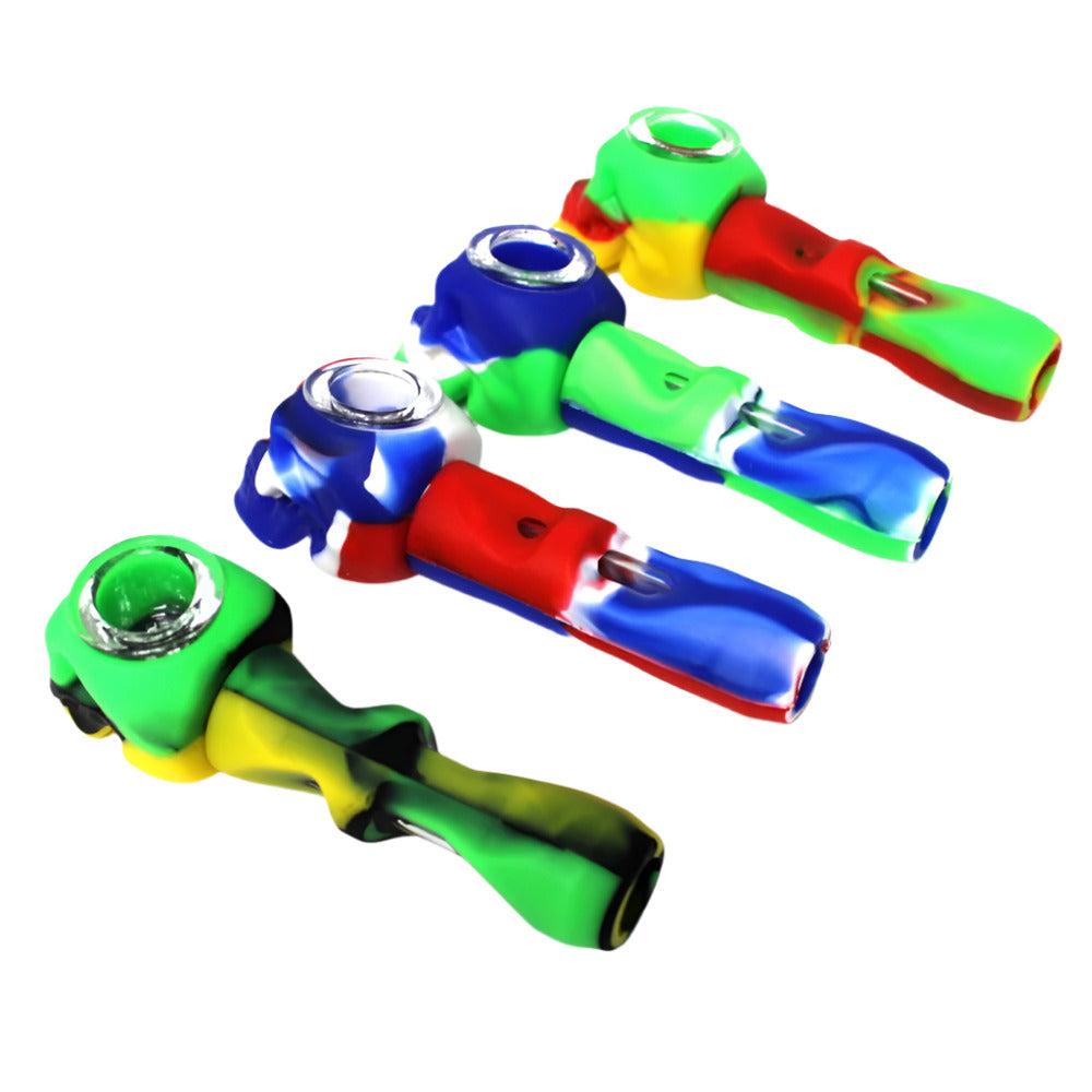 Silicone skull hand pipe with inner glass tube and glass bowl, durable shockproof design with smooth airflow and portable smoking accessory.