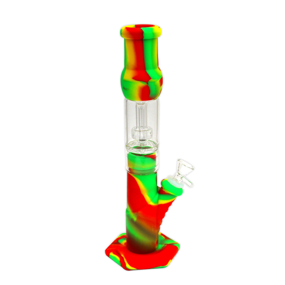Silicone straight glass percolator water pipe, durable heat-resistant design with glass filtration system for smooth and clean smoking experience.