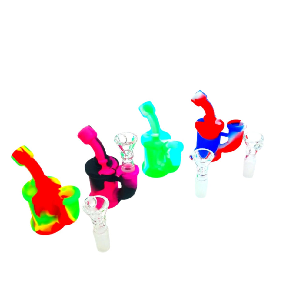 Silicone water pipe with 14mm male glass bowl, made from durable flexible silicone and heat-resistant glass for smooth airflow, easy cleaning, and reliable use.