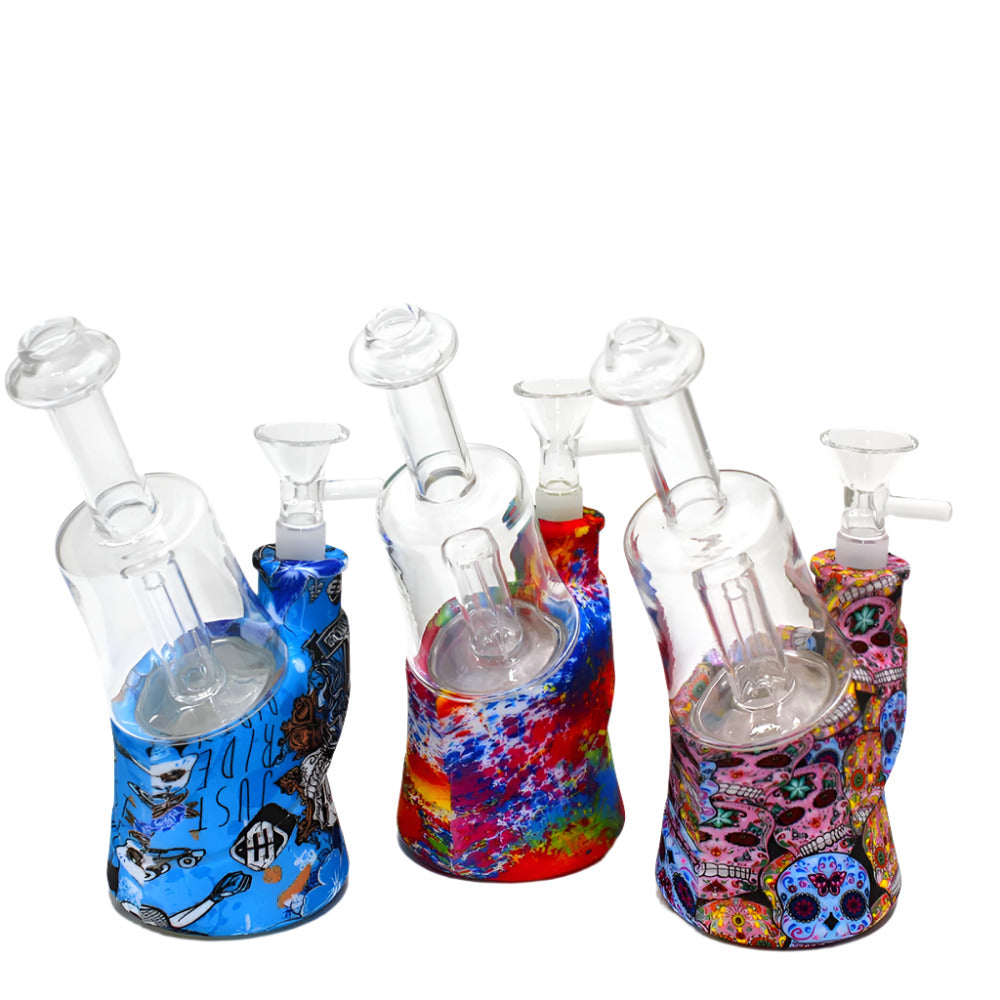 Silicone with Glass Chamber Water Pipe featuring a durable heat-resistant silicone body, removable glass chamber, and portable design.