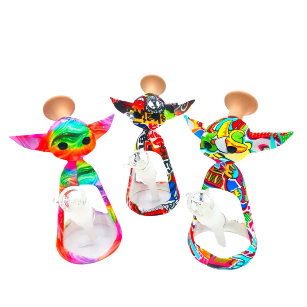 Silicone and glass fancy design water pipe with durable flexible silicone body and glass chamber for smooth filtration and modern smoking experience.