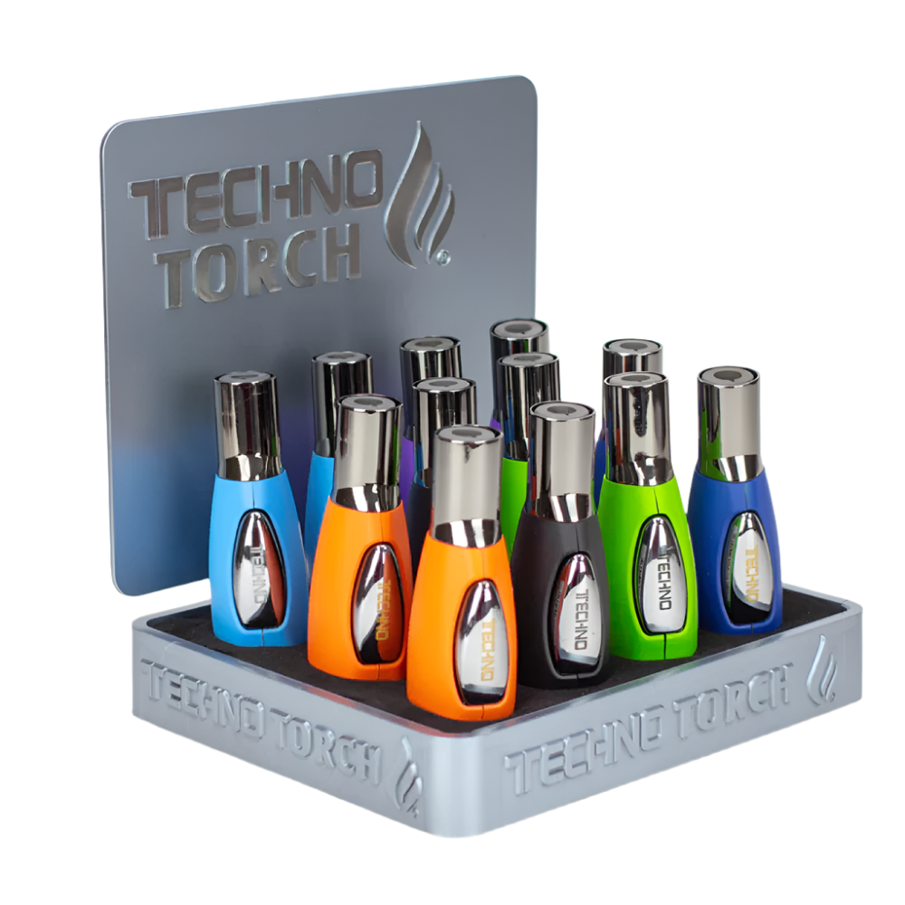 Single flame torch lighter by Techno Torch with rubber grip body, refillable butane system, and compact design, packed 12 pieces per display.