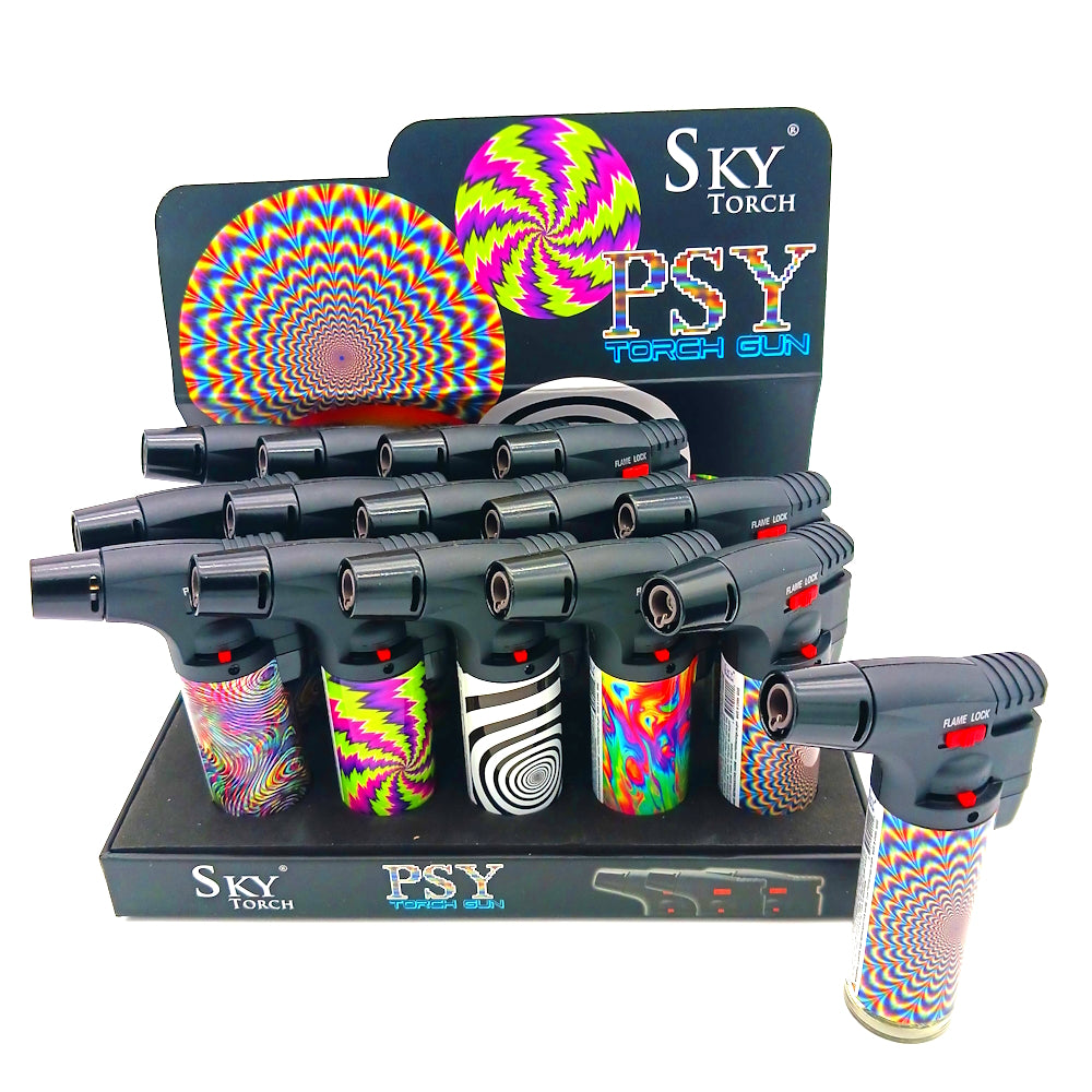 SK101PS Sky Psychedelic side torch lighter 15 count display with wind-resistant flame, durable body, and reliable ignition for outdoor and daily use.