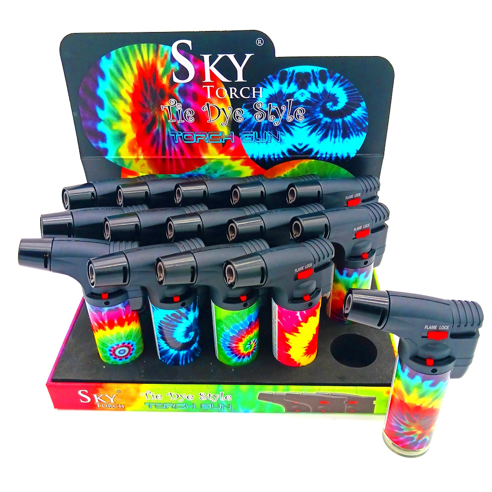 SK101TD Sky Tie Dye side torch lighter 15 count display with adjustable wind-resistant flame, durable body, and reliable ignition for daily use.
