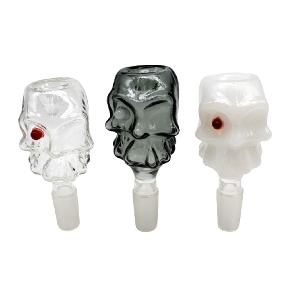 Skull designed assorted color 14MM male glass bowl G-G made from durable heat resistant glass for smooth airflow.
